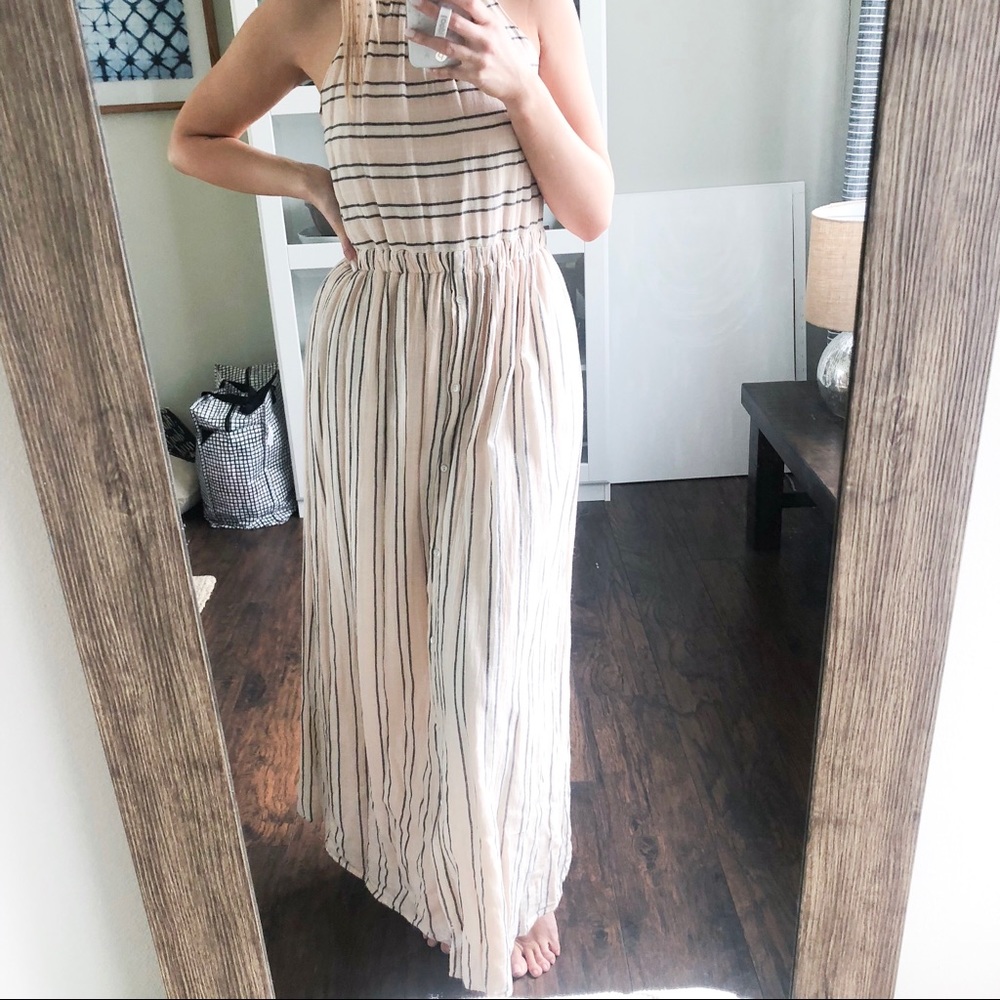 Light Pink/Navy Striped Linen Maxi Dress